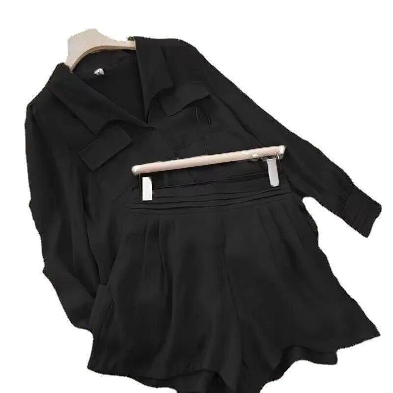 Весна-лето, однотонный короткий комплект, женские простые повседневные рубашки с длинными рукавами, шорты, комплекты из двух предметов, темпераментная женская одежда