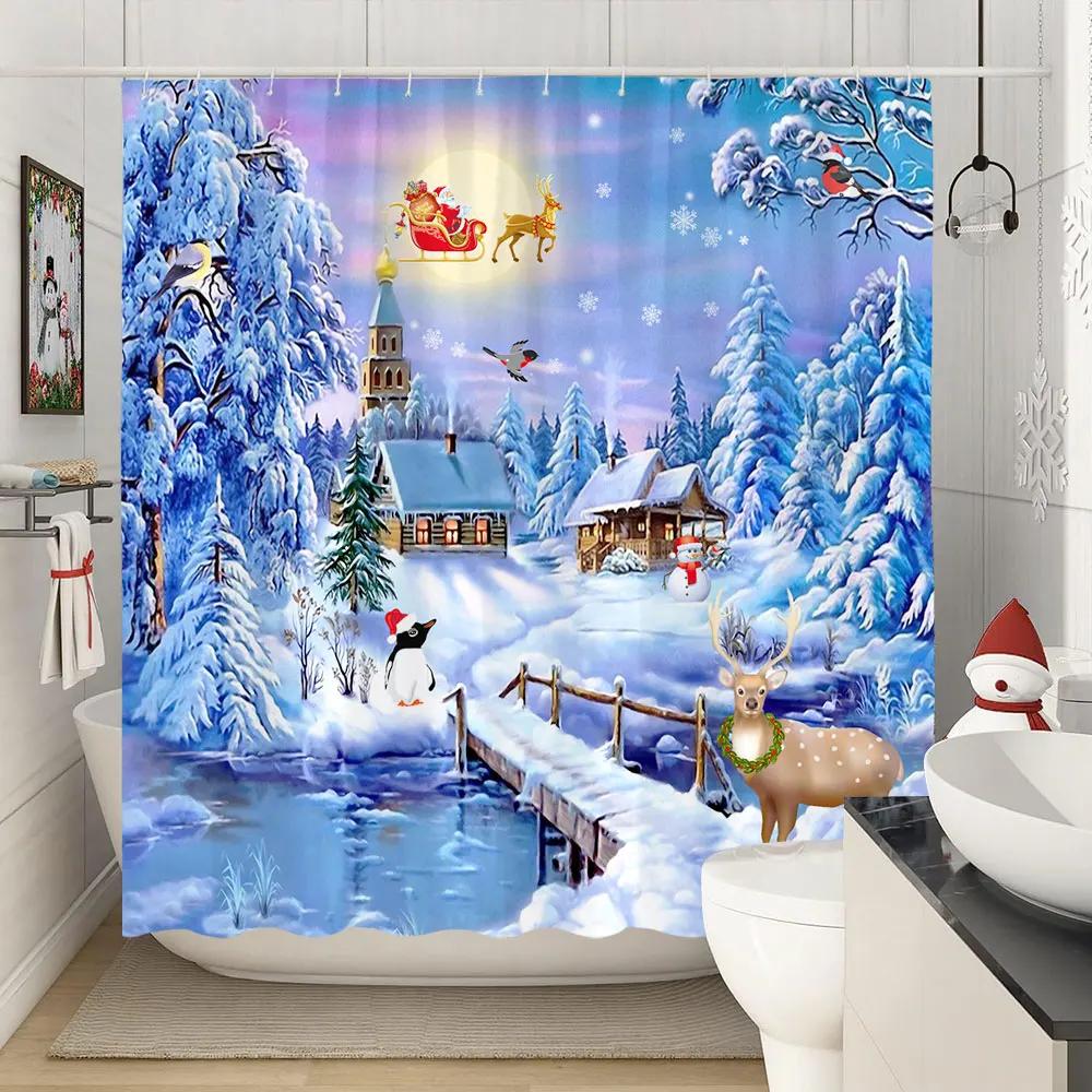 Зимняя Рождественская Занавеска для Душа Рождественский Олень Природа Лес Снежный Пейзаж Фермерский Дом Занавеска для Ванной Полиэстеровая Ткань Декор для Ванной