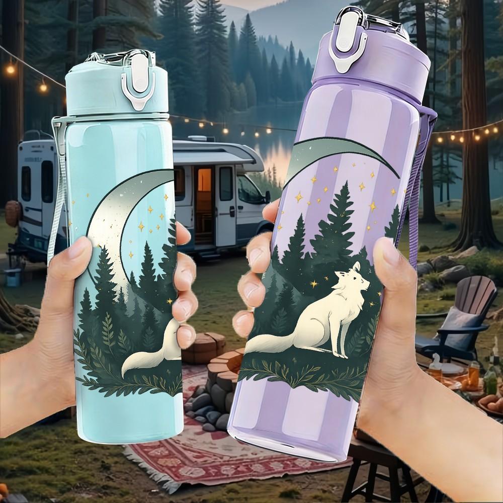 1PC Wolf Moon Forest Silhouette 750ml Color Plastic Sports Water Bottle Leakproof Flip Straw Lid Suitable for Sports Office Home Use