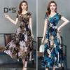 Летнее женское платье трапециевидной формы с цветочным принтом, большой подол, высокая талия, короткие рукава, круглый вырез, плиссированное платье до середины икры, официальное вечернее платье миди для поездок на работу
