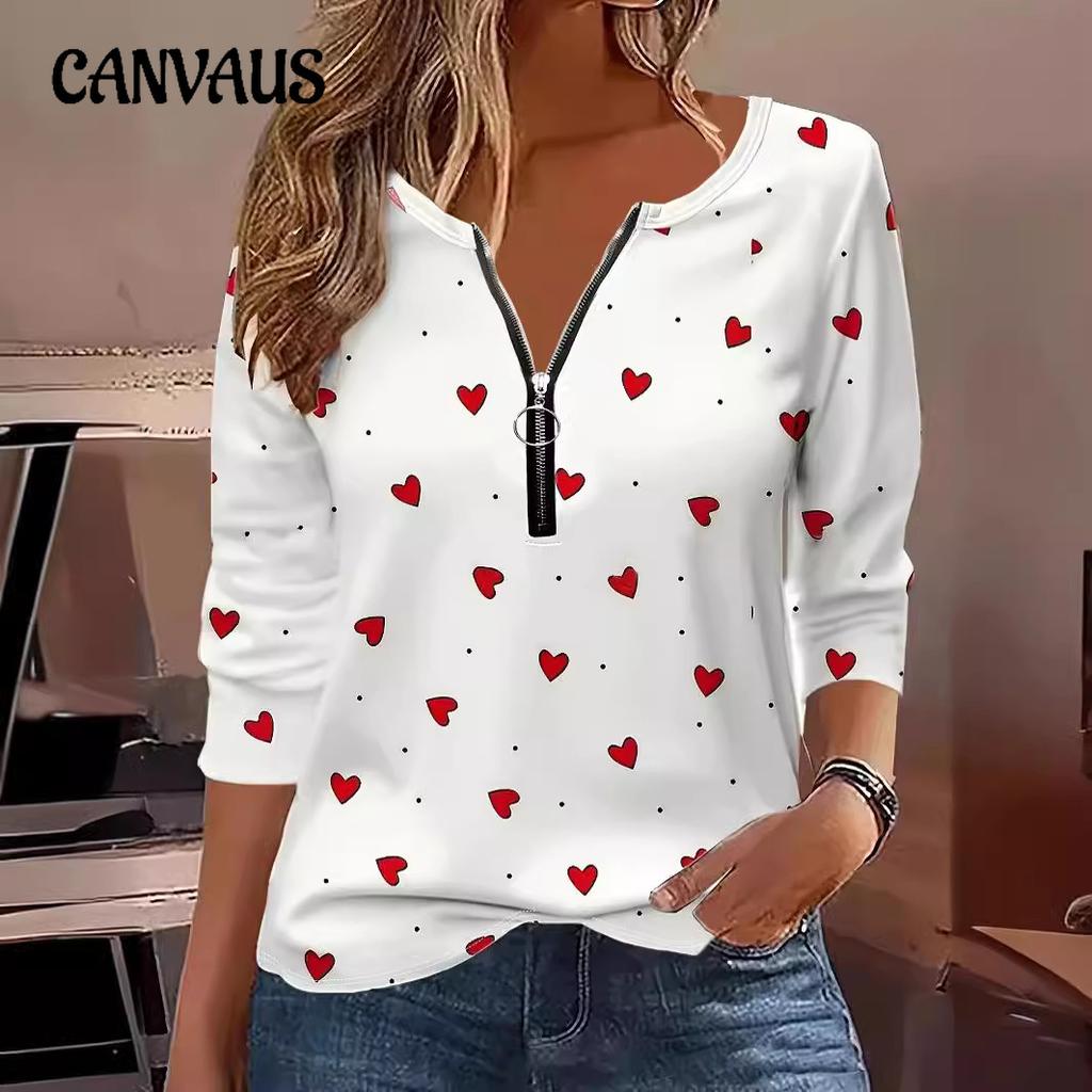 Plus Size Women's Blouse Print Love Print Round Neck Zip Fashion Casual Long Sleeve Top