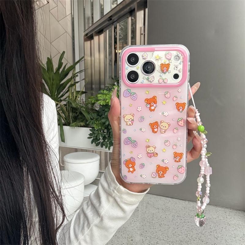 Новый ударопрочный чехол 2026 года для iPhone 15 16 17 Pro Max с принтом клубники и клубничным бусинным ремешком на запястье, с большим прозрачным окошком