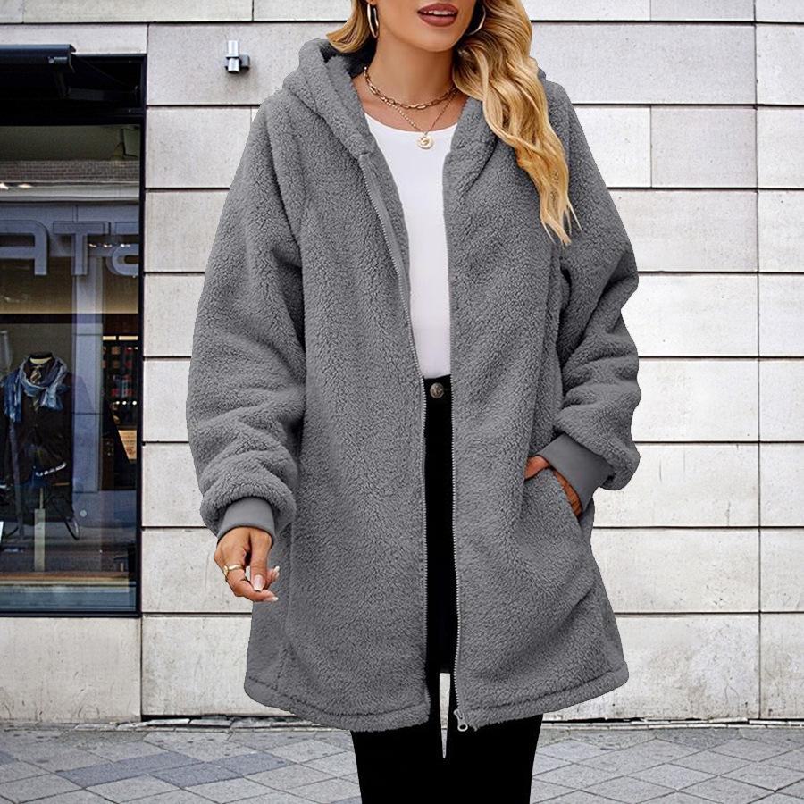 2023 Winter Women's Loose Plush Long-Sleeved Hooded Zipper Cardigan Jacket
