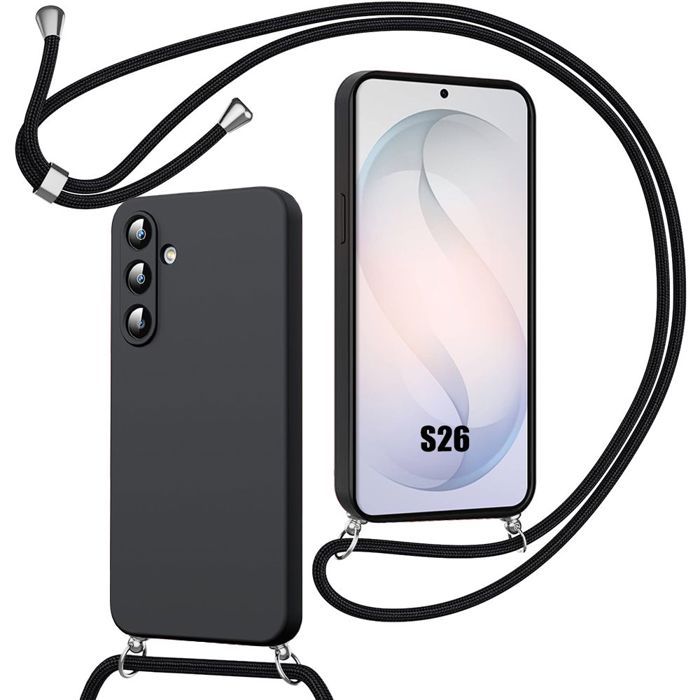 Coque pour Samsung Galaxy S26, Protection Silicone Souple Anti-Rayure Antichoc avec Bandoulière Noir