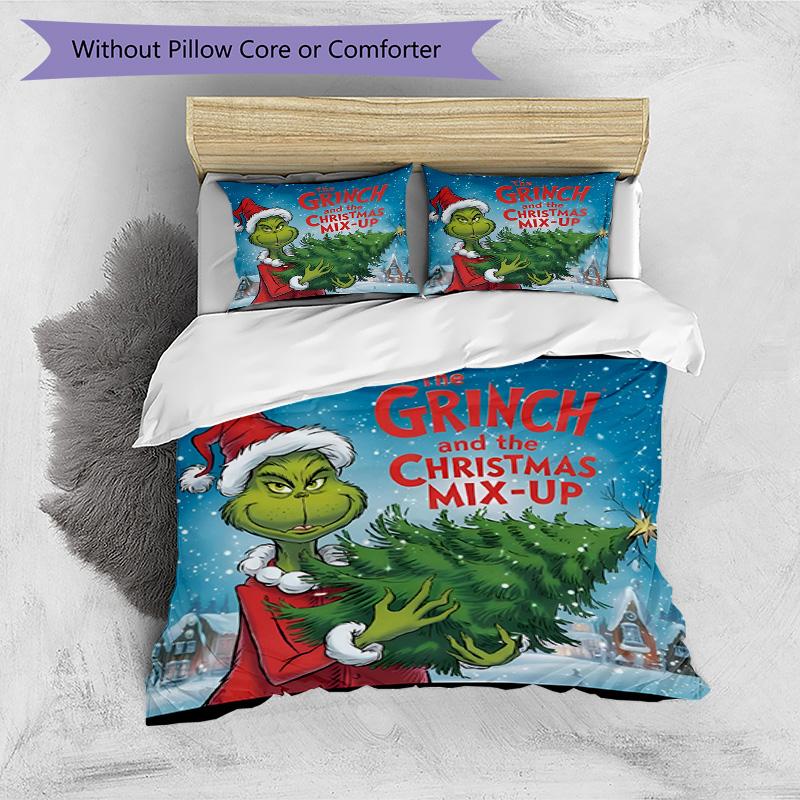 3pcs Duvet Cover Set (1*Duvet Cover + 2*Pillowcase, Without Core), The Grinch Print Bedding Set, Bedroom Decor, All‑Season, Birthday Gift