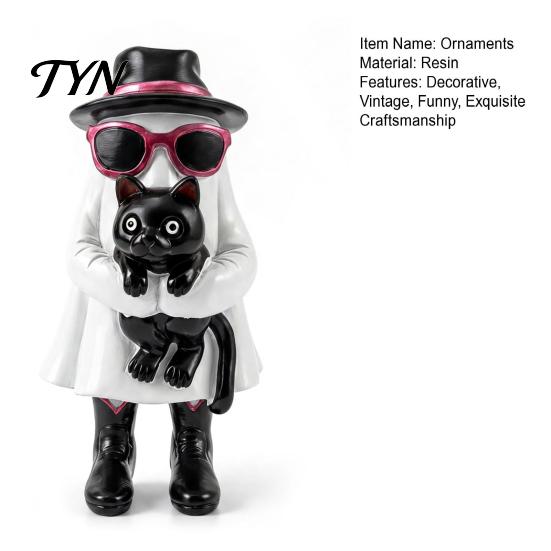 Retro Style Spooky Decor Funny Halloween Ghost Figurine with Black Cat, Resin Statue Sunglasses Tiered Tray Decorations & Top Hat,