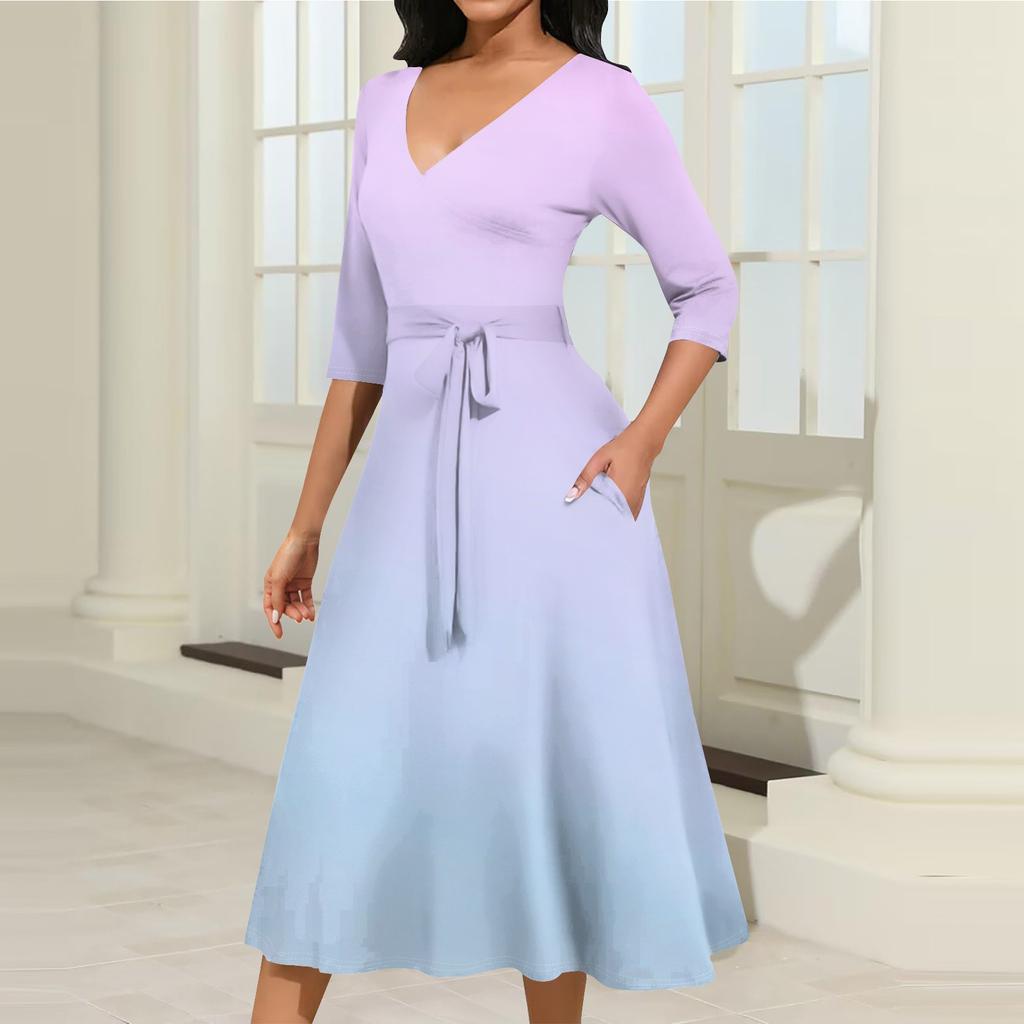 Женское повседневное модное платье миди с V-образным вырезом и рукавом три четверти