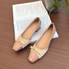 Thick Heel Fairy Patent Leather Bow Single Shoes Light Mouth Square Head Splicing Low Heel Shoes Gentle Red Nude
