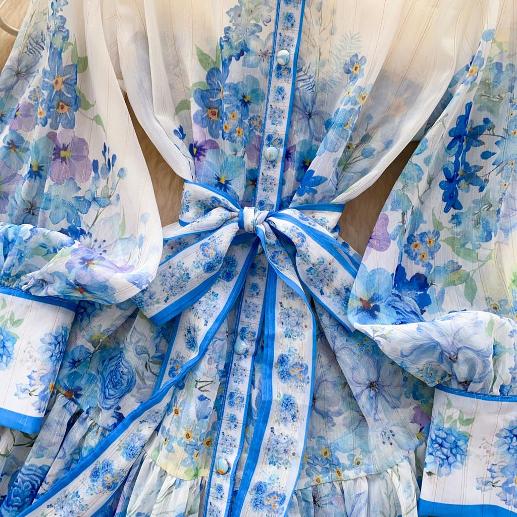 Spring Summer Women Lantern Sleeve Print Chiffon Mini Short Chic Boho Holiday Beach Lace-up Dresses