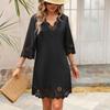 Women's Fashion Sexy Lace Edge V-neck Dress Spring Summer Burn Flower Half-sleeve A-line Dress