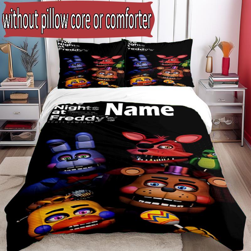 3pcs Duvet Cover Set (1*Duvet Cover + 2*Pillowcase, Without Core), Custom Name Five Nights at Freddy's Pattern Bedding Set, Home Bedroom Decor Gift