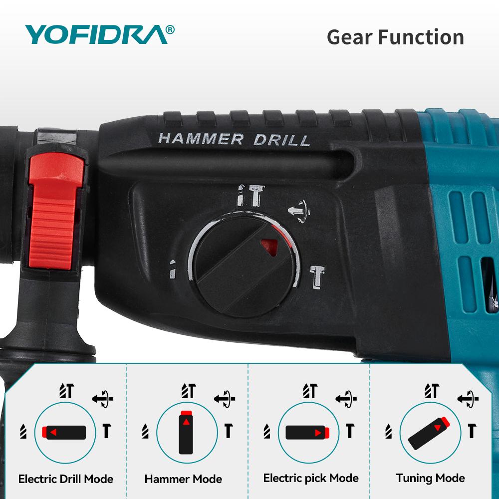 YOFIDRA 26 мм бесщеточный электрический перфоратор Многофункциональный роторный аккумуляторный электроинструмент для батареи Makita 18 В