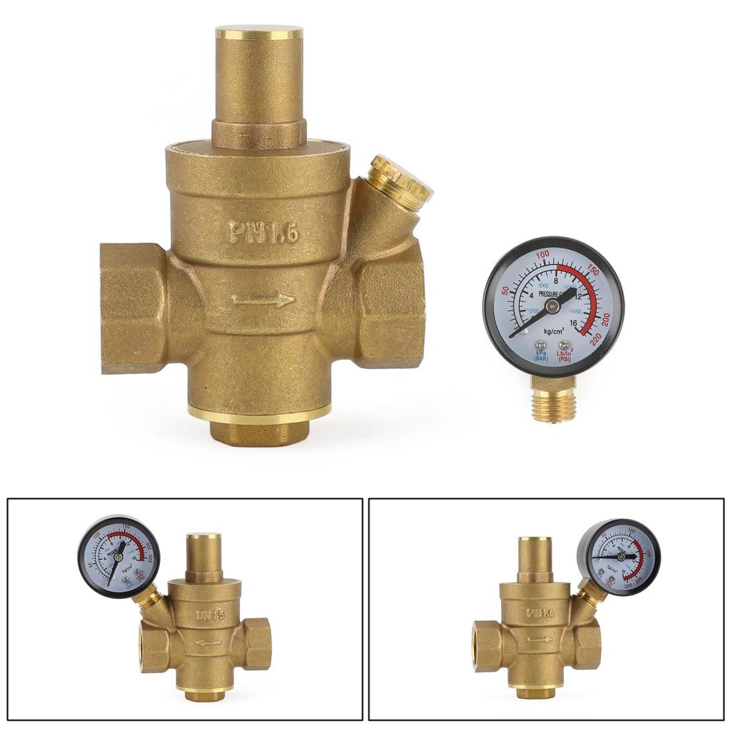 DN15 Brass Adjustable 1/2" Water Pressure Regulator Reducer With Gauge Meter
