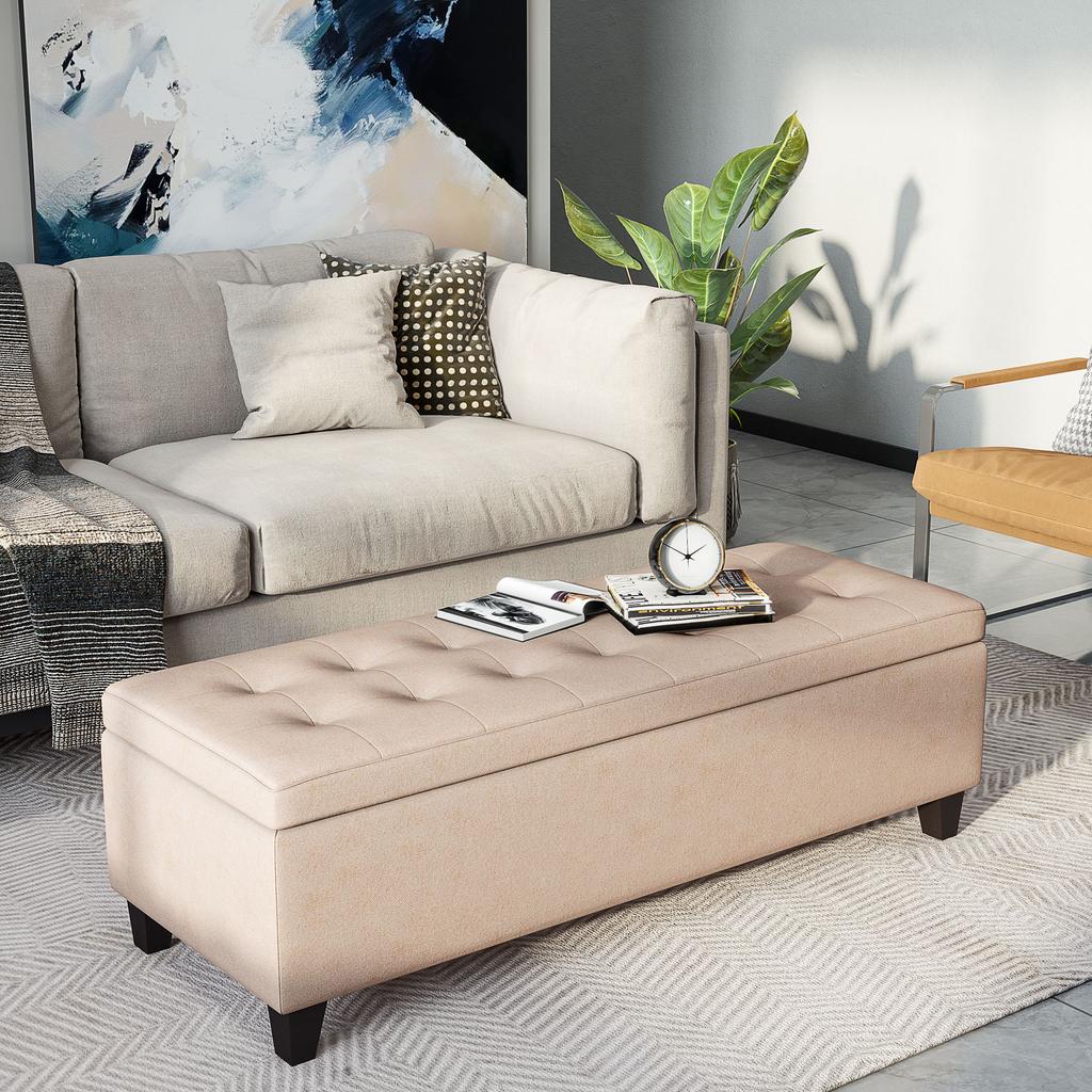 Upholstered Bench with Storage, Button Tufting, up to 120 kg, 125 x 49 x 41.5 cm, Beige