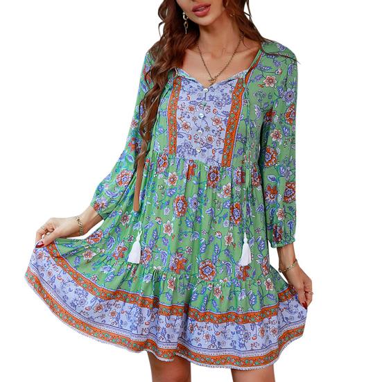 Женское платье Yousheng с цветочным принтом в стиле бохо, повседневное, с длинным рукавом, струящееся, короткое, свободное, с V-образным вырезом, на пуговицах, платье А-силуэта, мини-пляжное платье-сарафан