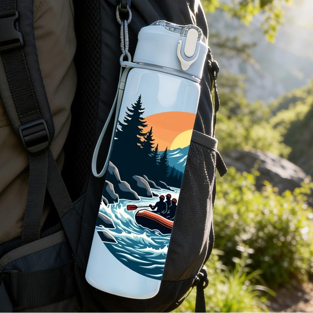 1PC Mountain Lake Canoe Sunset Scenery Print 750ml Color Plastic Sports Water Bottle Leakproof Flip Straw Lid Suitable for Sports Office Home Use