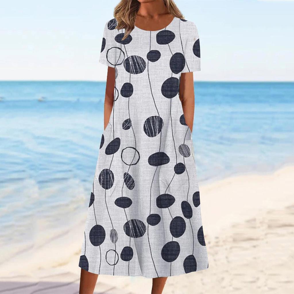 Women's Round Neck Three Quarter Sleeve Midi Dress Loose Fit Loose Waist Casual Floral Print Pocket Sundress