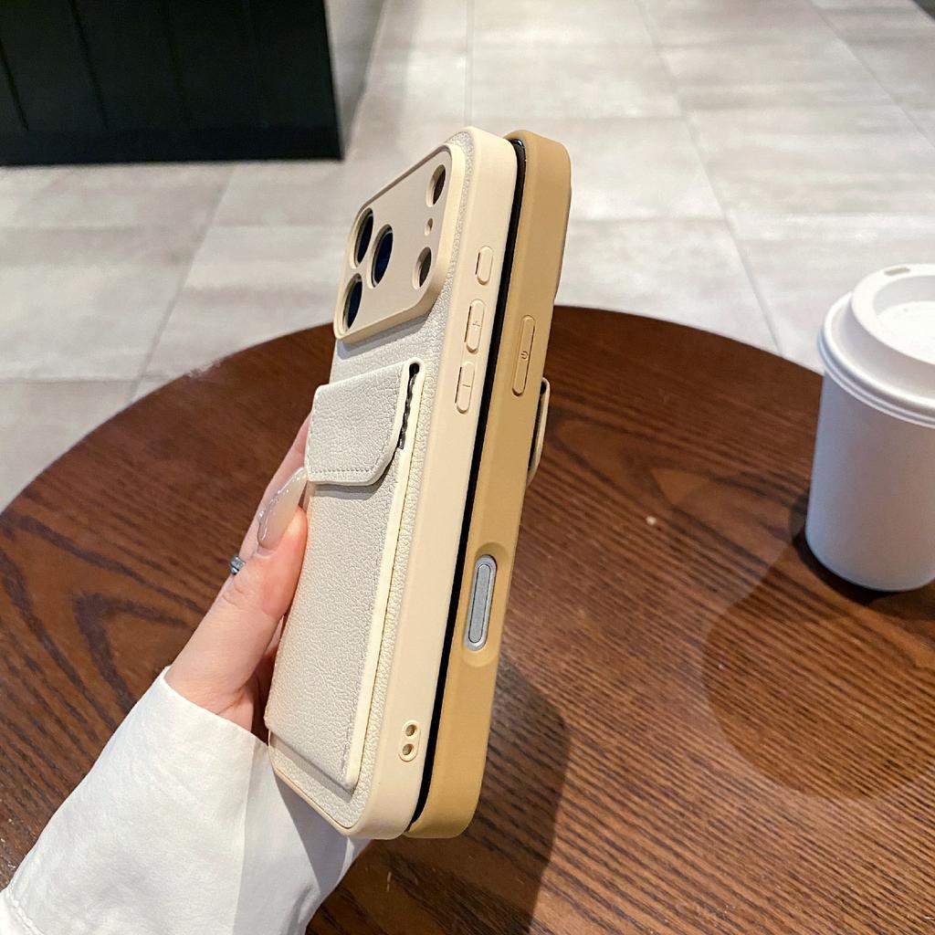 Чехол для iPhone 17 Pro Max, однотонный, из ПУ-кожи и ТПУ, с держателем для карт и подставкой