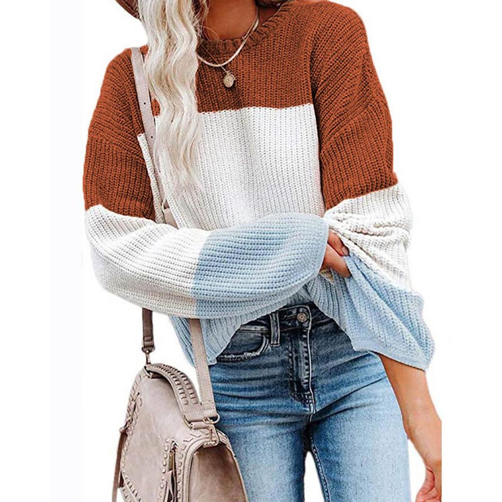 Женская мода повседневный цветной пэчворк свитер длинный рукав пуловер свитер топ