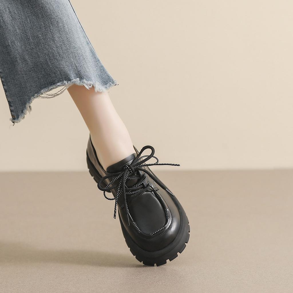 Thick Sole Loafers Women's College Style Retro Lace Up Small Leather Shoes Soft Sole Single Shoe Round Toe Platform Shoes Women