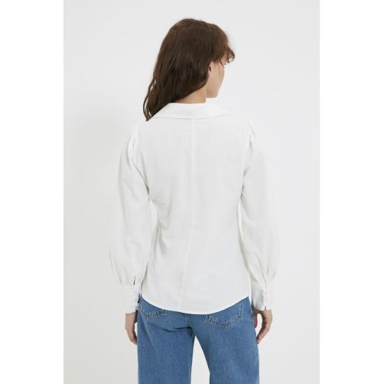 White Woven Balloon Sleeve Basic Stylish Cotton Shirt