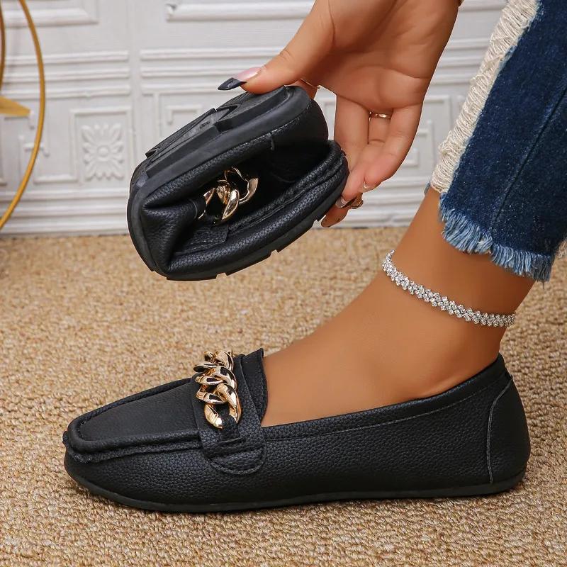Women's Shoes 2024 Plus Size Slip On Women's Flats Casual Bean Flats Women The Chain Round Toe Outdoor Soft Bottom Ladies Shoes