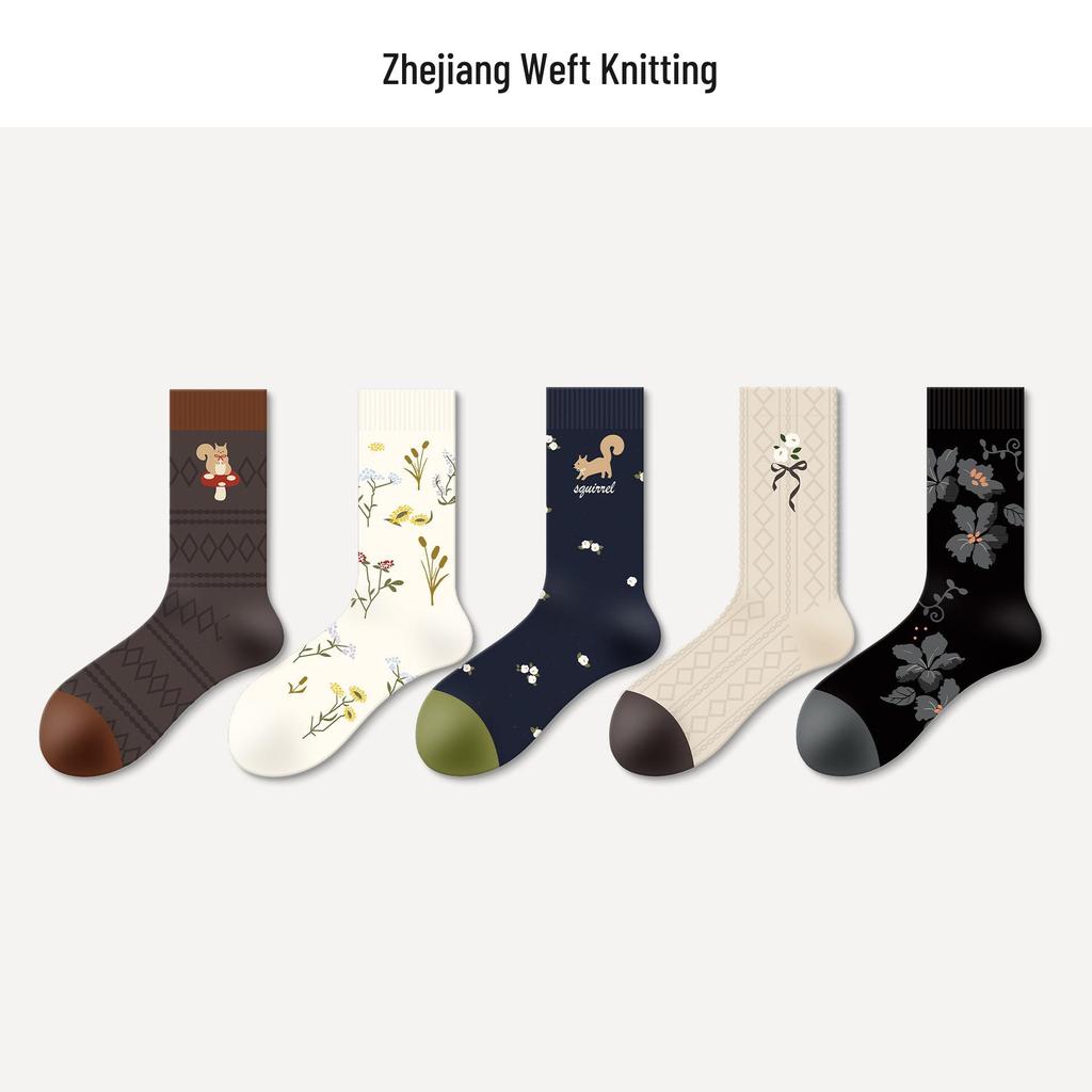 Женские носки до середины икры с цветочным принтом и бантом - 5 пар, ретро и трендовый дизайн в стиле колор-блок