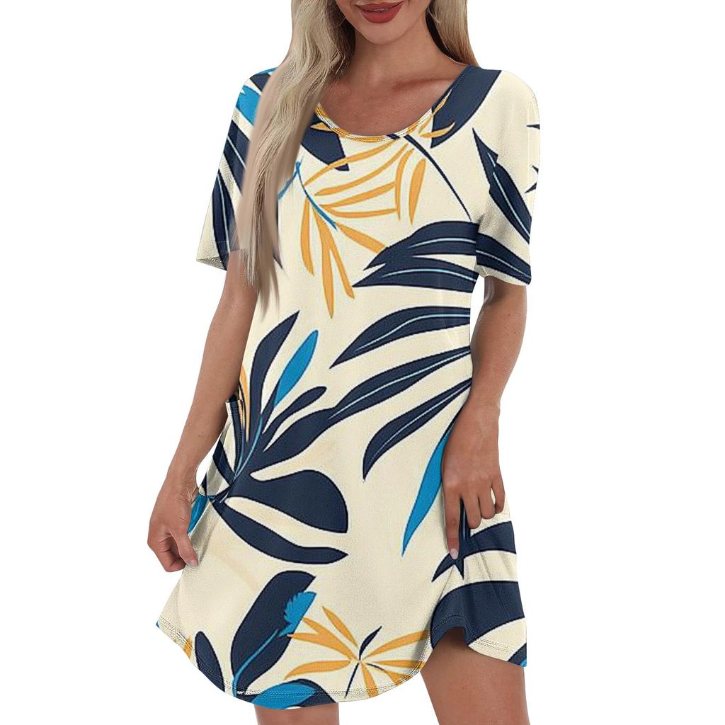 Женское повседневное и модное платье средней длины с V-образным вырезом и коротким рукавом с принтом