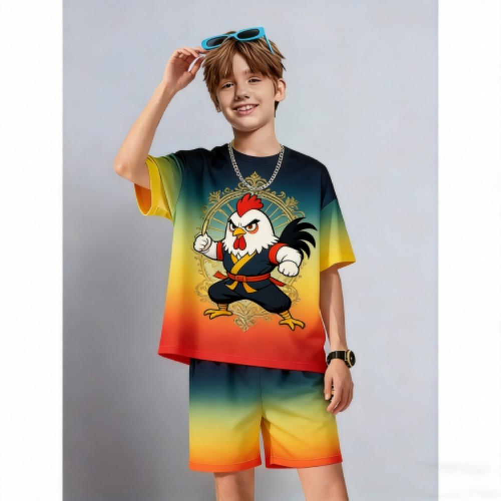 Summer Men's Set Anime Cartoon Chicken Printed Men's T-shirt and Shorts 2 Piece Set Summer Casual Outdoor Men's and Women's Outfit