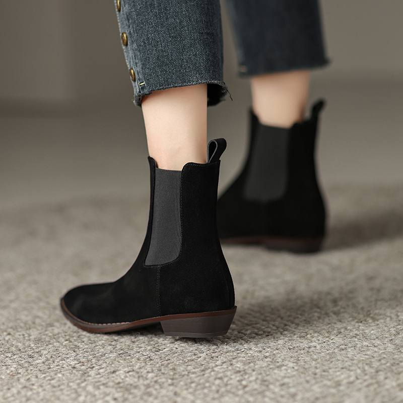 Krazing Pot Зимние ботинки челси из коровьей замши с круглым носком на толстом низком каблуке, увеличивающие рост, женские ботильоны, большой размер 41