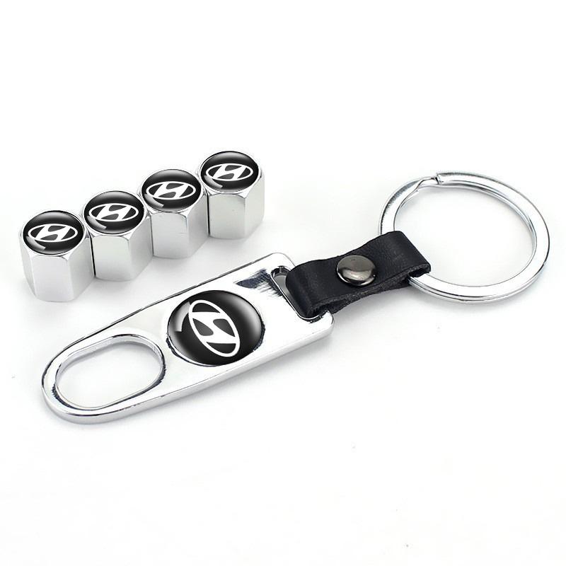 A Set Tire Valve Caps Wheel Cover With Leather KeyChain For Hyundai Creta SantaFe Kona Genesis Equus Coupe Azera ioniq Accessory KK9