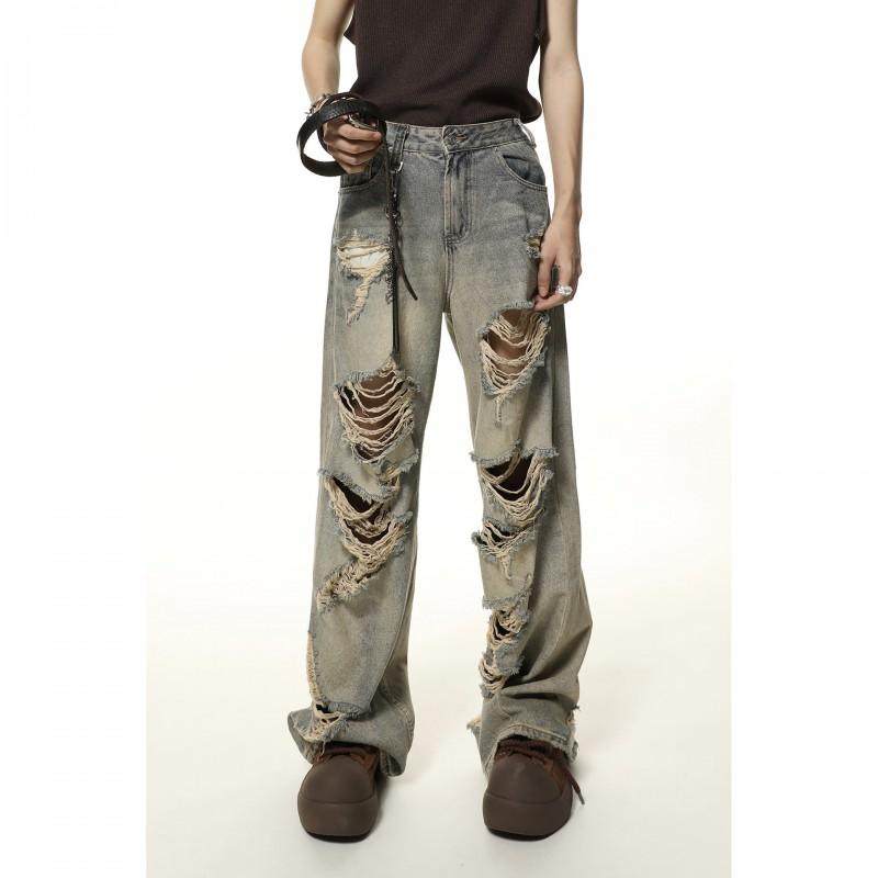 Distressed Ripped Washed Denim Jeans Unisex Loose Fit Straight Leg Casual Streetwear Pants Men Women