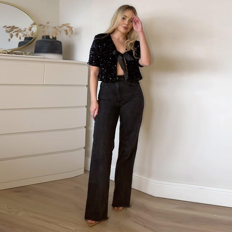 Женская рубашка с короткими рукавами и V-образным вырезом, бантом, шнуровкой, пайетками, милые однотонные блузки, весна-лето 2025 года