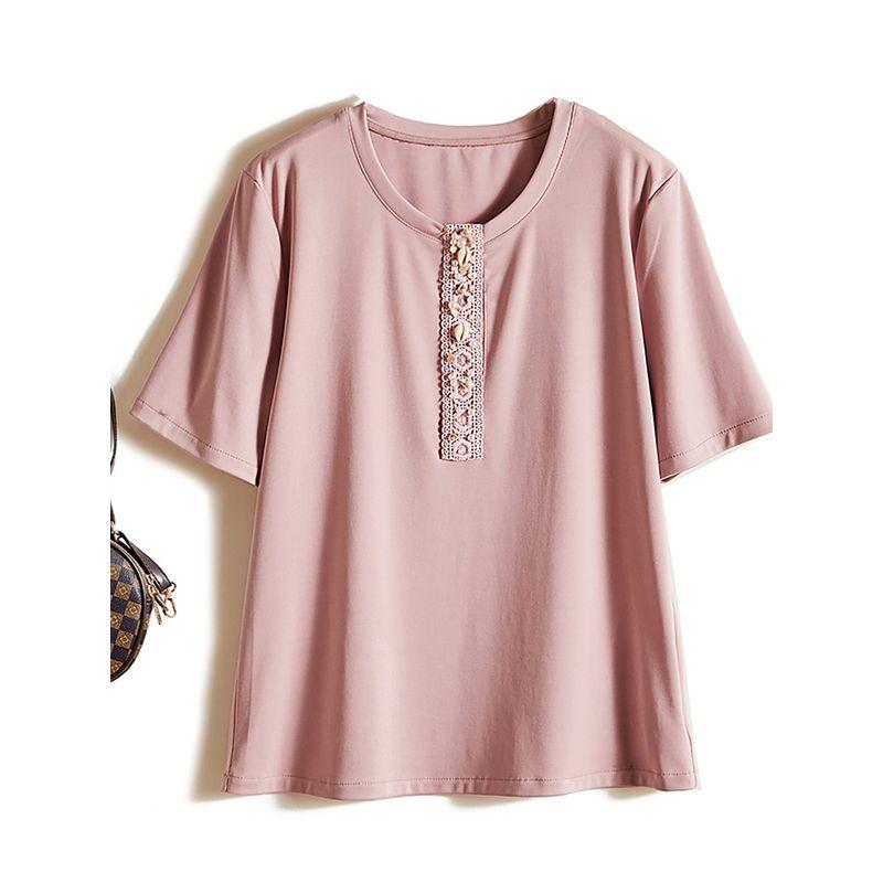 Breathable and Sweat-Free! Women's Summer DIY Beaded Round Neck Short-Sleeved Woven Cotton Pure Color Series T-shirt Welfare Fans Tops