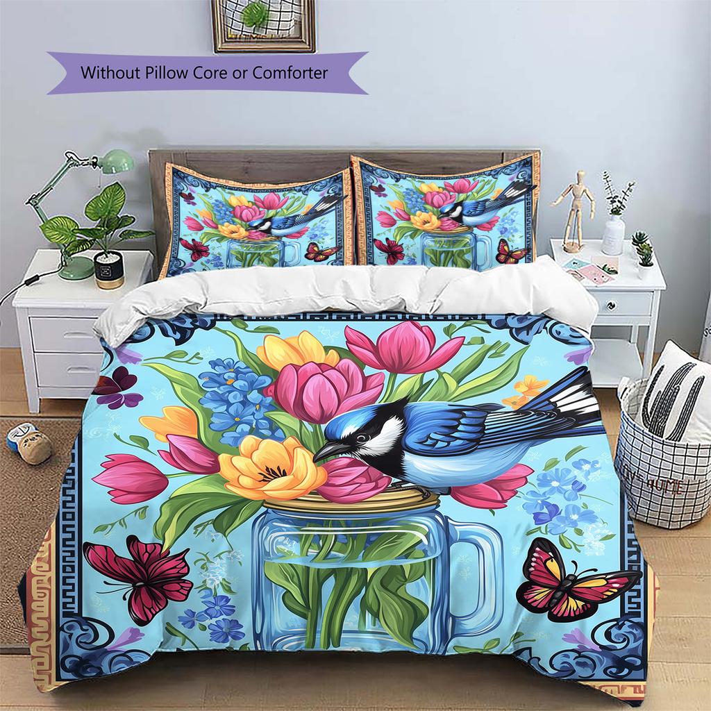 Blue Bird Pattern Bedding Quilt Set Home Decoration Gift (1 * duvet cover + 2 * pillowcase, without core)