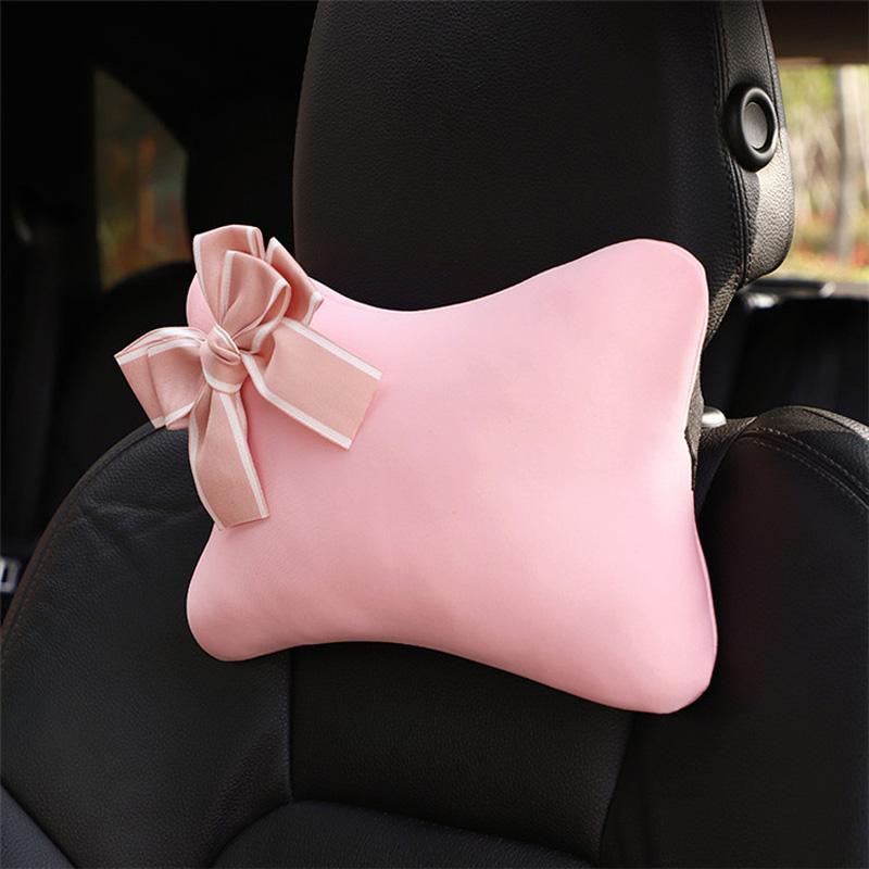 High Quality Pink Bowknot Universal Car Neck Pillow Auto Seat Headrest Supplies Seatbelt Car Accessories Interior for Women