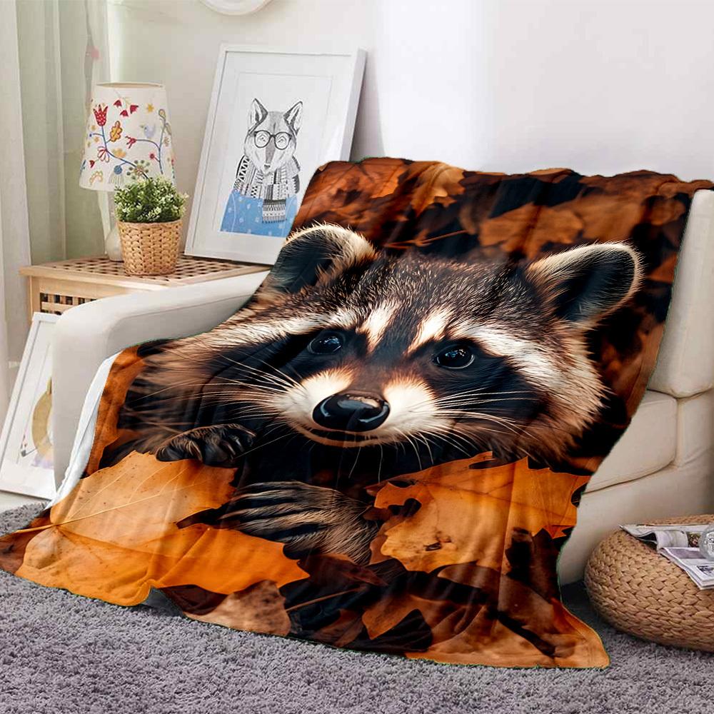 1PC Raccoon, Autumn Leaves Blanket - Soft Warm All-Season Throw for Sofa, Bed, Car, Office, Throw For Sofa yy250916083