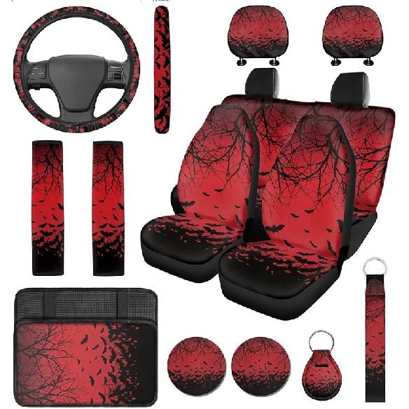 Красные чехлы на сиденья автомобиля с паутиной, с чехлом на рулевое колесо, подушкой для подлокотника, накладками на ремни безопасности, подстаканником с брелоком, универсальный комплект для защиты автомобиля