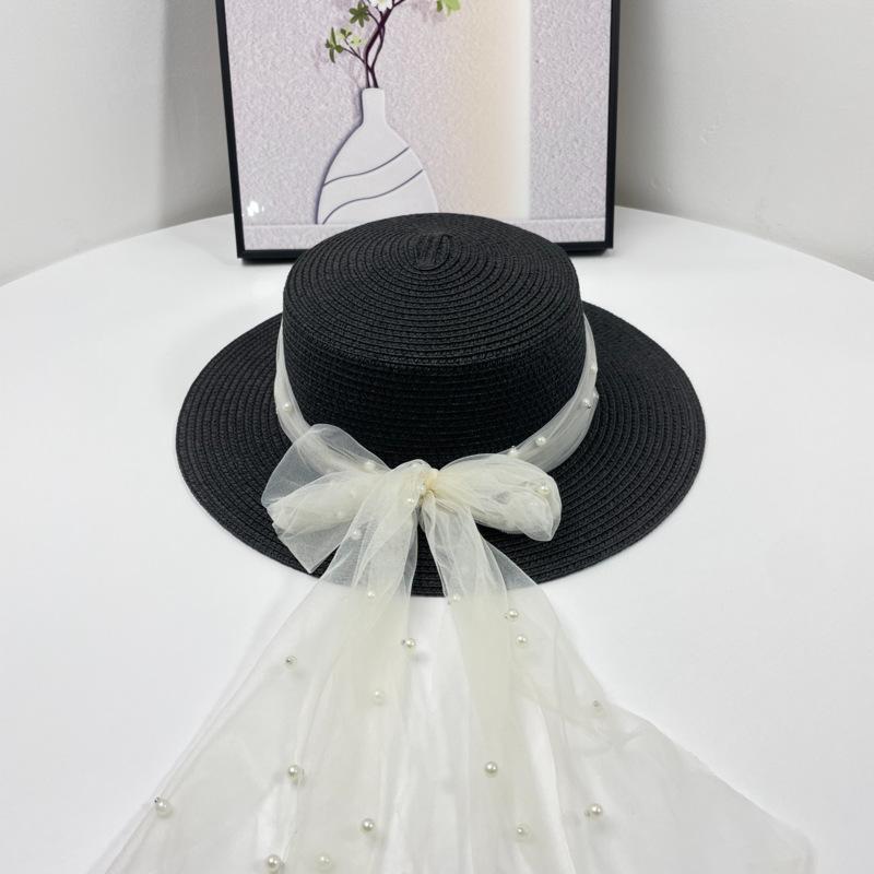 Summer elegant bow straw hat women's fashion flat top straw top hat streamer big eaves beach hat sun hat