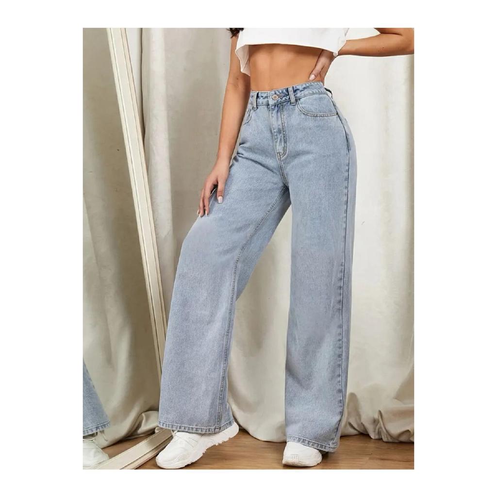 Women's Blue Snow Wash High Waist Five Pocket Wide Leg Loose Palazzo Jean Denim Trousers