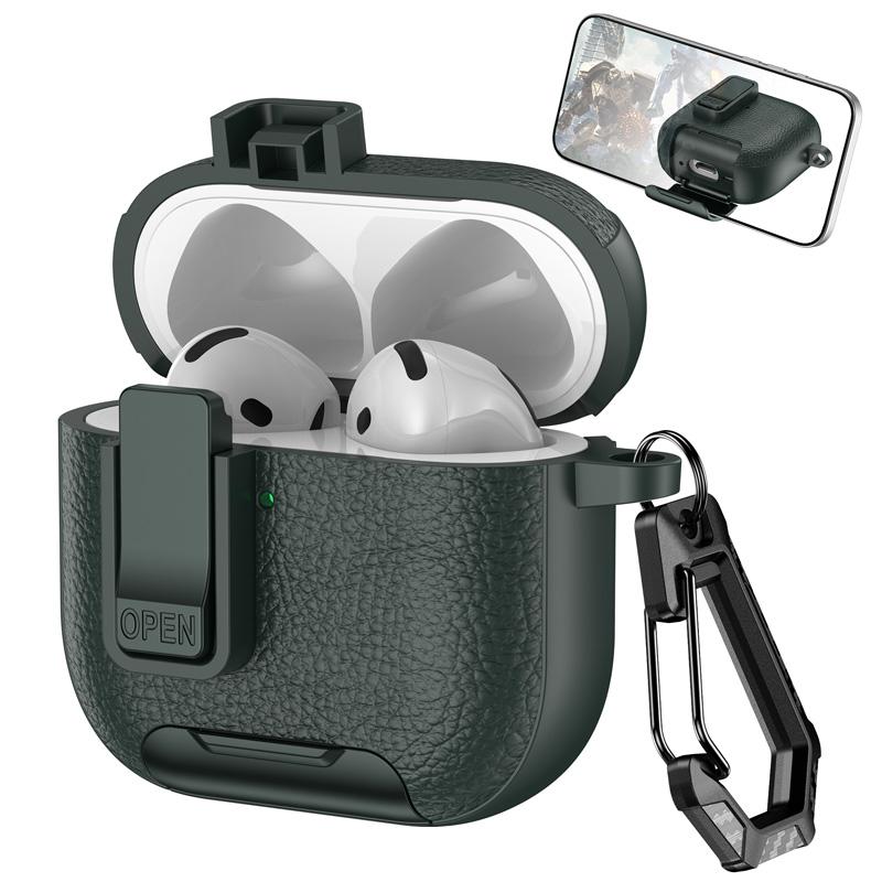 Luxury Leather Textured Headphone Case with Stand for Airpods 4 Pro 2 3 2 1 Case Drop-proof Headphone Case with a Hook