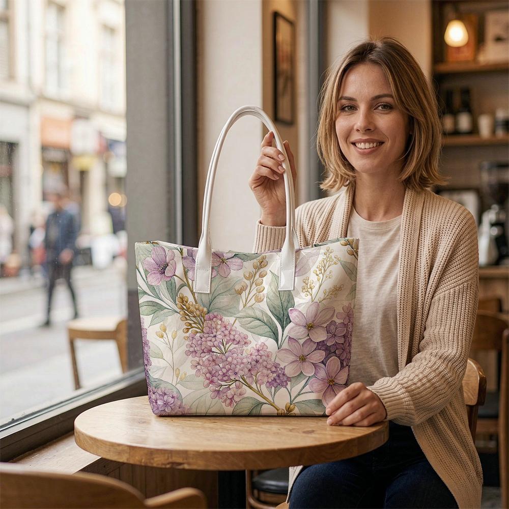 Purple Lilac Print Women Tote Bag Fashion Casual Lightweight Daily Carry Handbag for Shopping Outdoor
