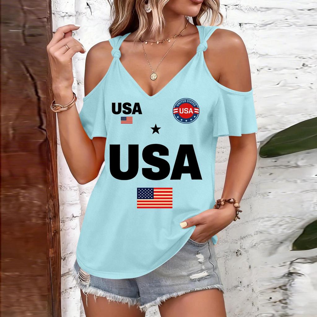 Женская футболка с открытыми плечами с принтом USA, на завязках-бретелях, с коротким рукавом, повседневный летний топ, свободного кроя, легкая блузка для повседневной носки
