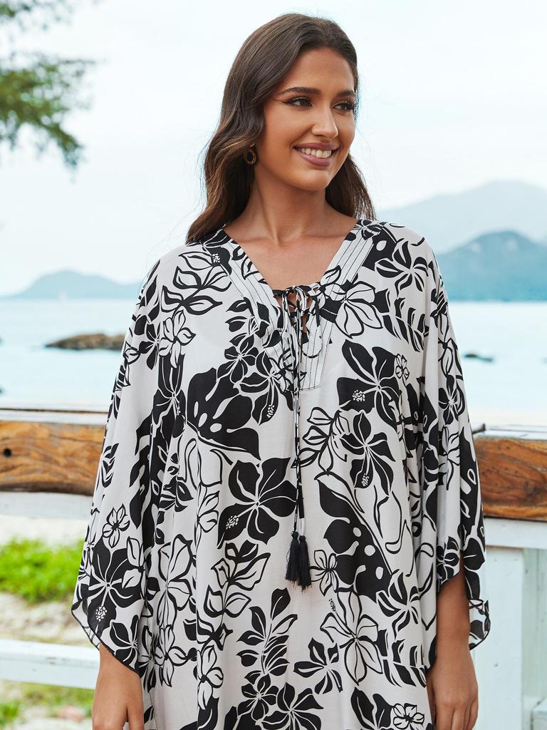 2023 European & American Rayon Front Tie Holiday Bikini Swimsuit Cover-up Robe