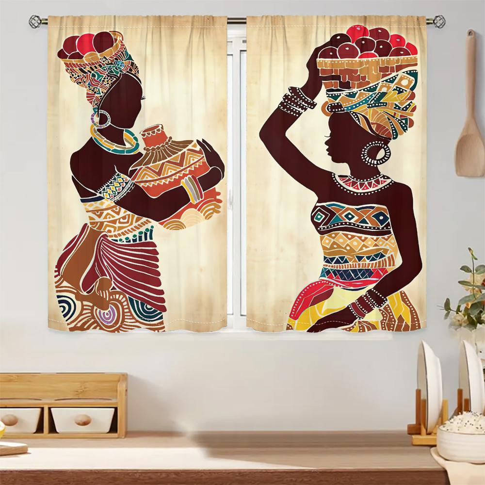 2PCS African Women Pattern Curtains Ethnic Colorful Print Bedroom Living Room Decor Art Culture Window Panels