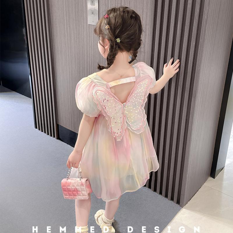 От 2 до 12 лет детское модное платье с блестками на молнии сзади с радужным бантом и крыльями, с короткими рукавами, платья для дня рождения для девочек, одежда принцессы