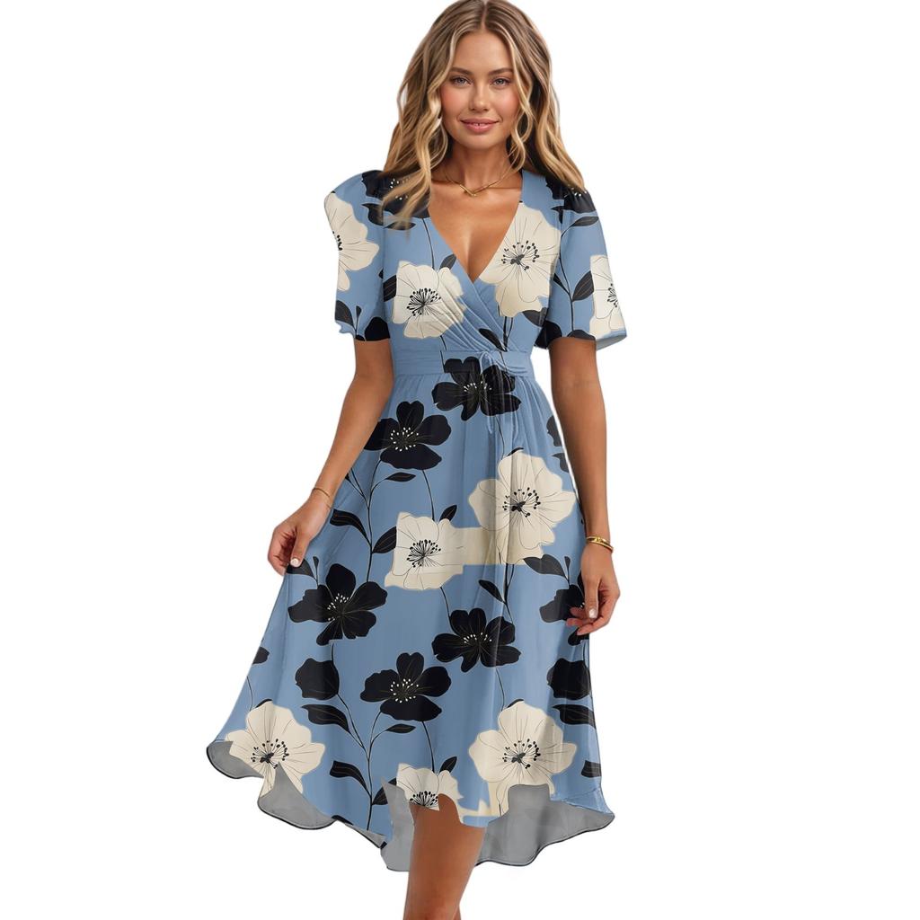 Женское свободное повседневное платье с V-образным вырезом, расклешенная юбка, короткие рукава, напечатанное платье с принтом