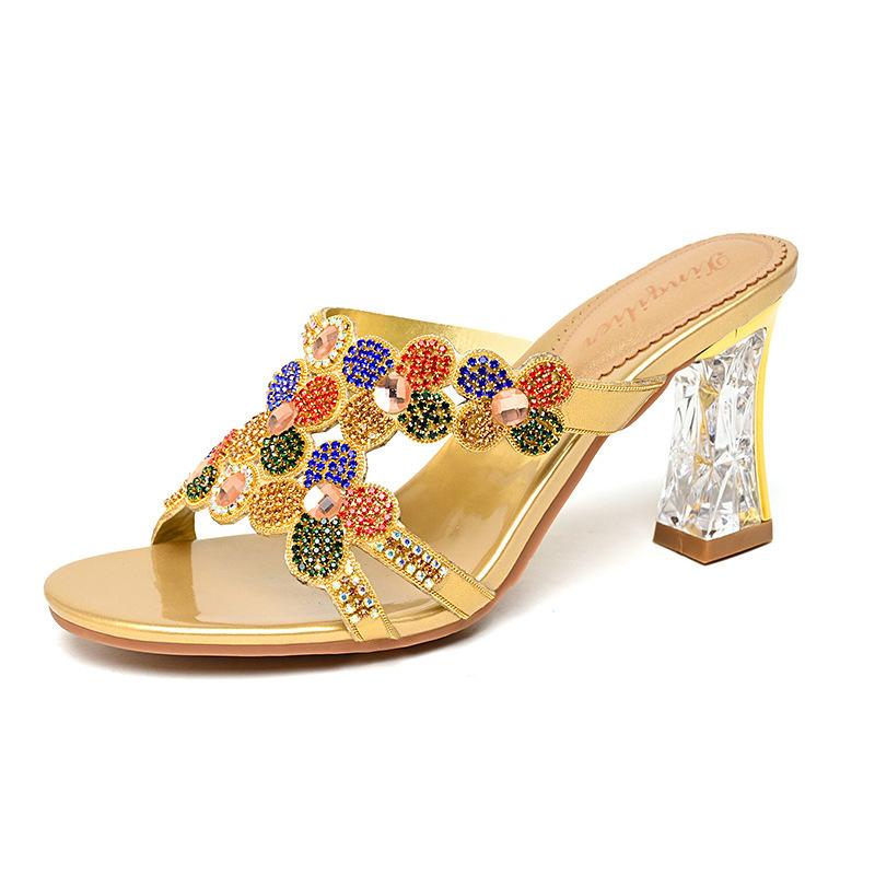 Модные удобные летние пляжные тапочки с открытым носком, женские босоножки на высоком каблуке со стразами и бриллиантами, модная нескользящая обувь для вечеринок