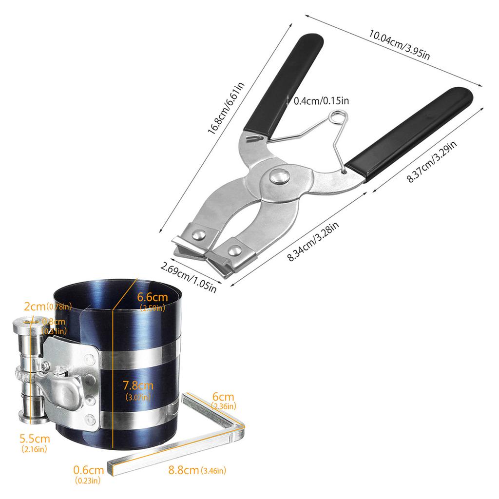 Инструмент для компрессии поршневых колец Инструмент для установки и снятия поршневых колец двигателя автомобиля Регулируемые размеры от 2-1/8 дюйма до 7 дюймов с плоскогубцами