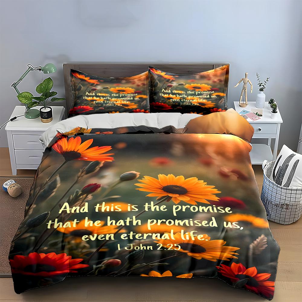 Floral Bedding Set with Bible Verse Print Bedding set (1 duvet cover, 2 pillowcases, duvet not included)